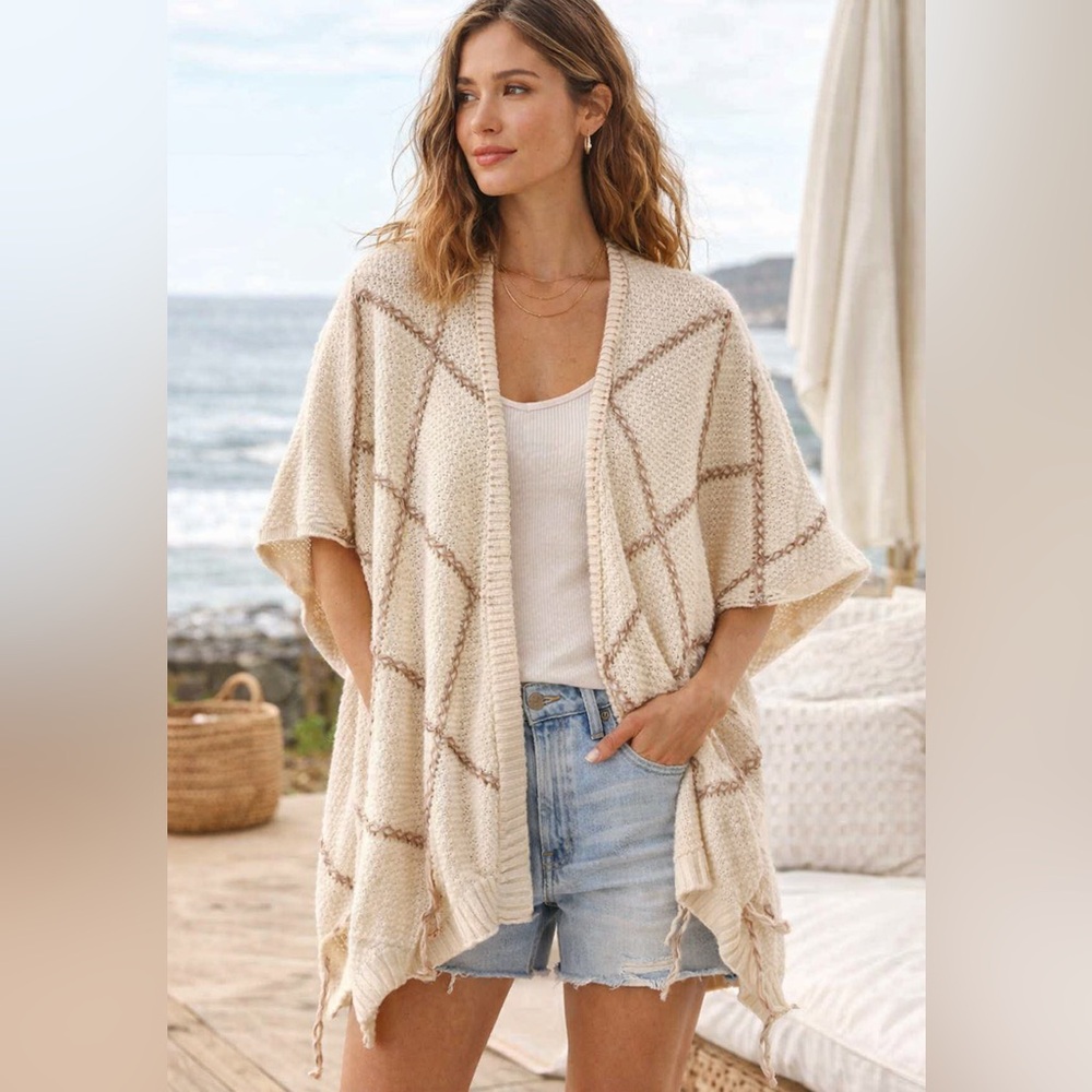 Knox Rose Boho Cream Chunky Knit Open Cardigan Womens Large Coastal Artisan